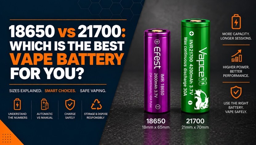 18650 vs 21700: which is the best vape battery for you, showing an Efest 18650 and a Vapcell P42A 21700 battery side by side
