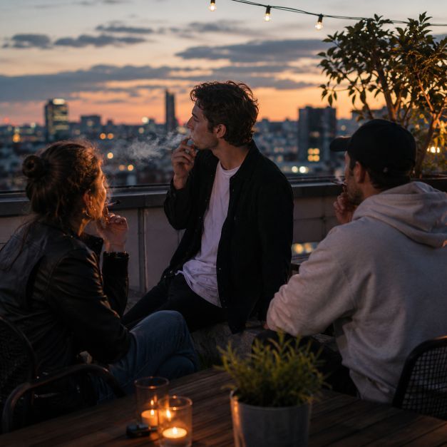 Adult smokers socialising on a rooftop terrace at sunset. The image represents typical social smoking habits before switching to a refillable vape or choosing the right nicotine strength.