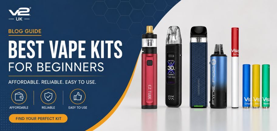 Modern hero banner for the Best Vape Kits for Beginners guide, showcasing the Innokin EZ Tube, OXVA XLIM Pro 3, Vaporesso XROS Mini, Pyne Pod and Vsavi Starter Kit in a clean blue and orange design for adult smokers looking to switch to vaping.