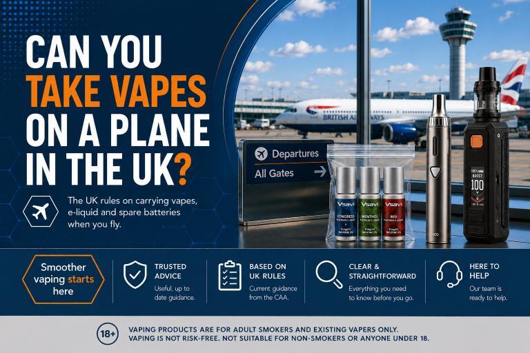 V2 UK guide to taking vapes on a plane in the UK, covering the rules for carrying vape devices, e-liquid and spare batteries when flying.