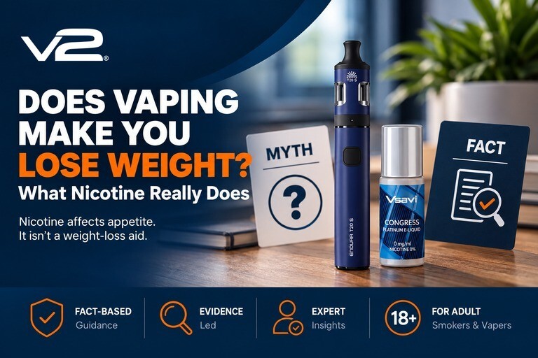 Does vaping make you lose weight: an Innokin Endura T20-S vape pen and a Vsavi e-liquid bottle on a desk between myth and fact cards