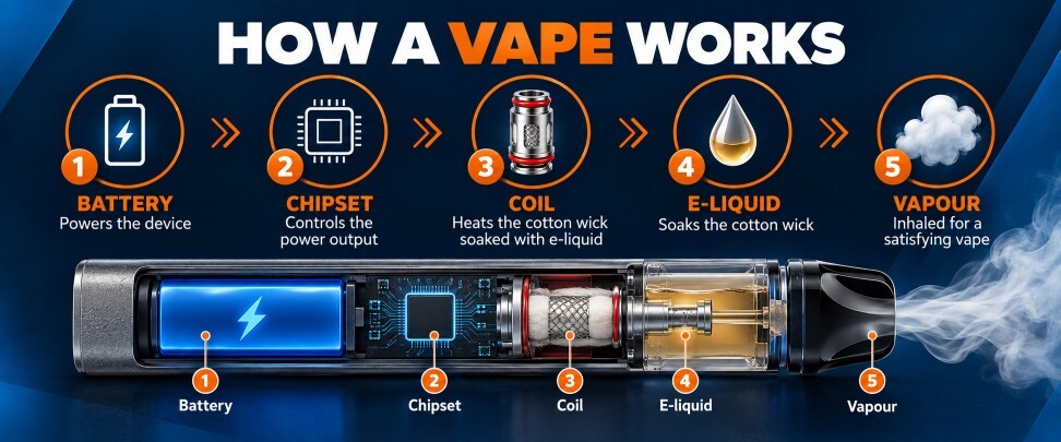 Diagram showing how a vape works: the battery powers the chipset, the coil heats e-liquid soaked into a cotton wick, and vapour is inhaled