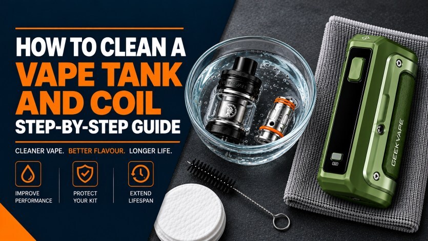 How to clean a vape tank and coil: a vape tank and replacement coil soaking in a bowl of water, with a cleaning brush, cotton pads and a vape mod kept dry on a cloth