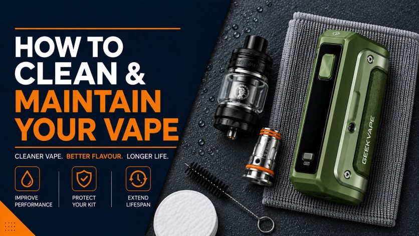 Vape tank, replacement coil and vape kit arranged with a cleaning cloth for a guide to cleaning and maintaining a vape.