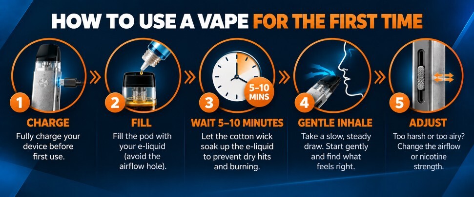 How to use a vape for the first time in five steps: charge the device, fill the pod, wait 5 to 10 minutes for the wick to soak, take a gentle inhale, and adjust the airflow or nicotine strength if needed