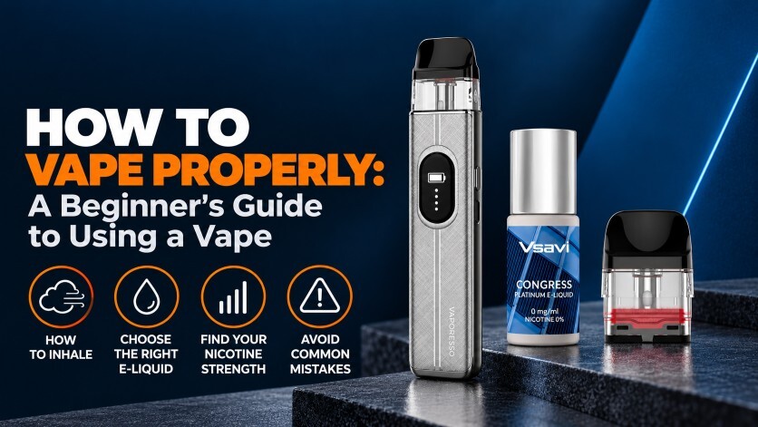 How to vape properly: beginner&rsquo;s guide banner showing a Vaporesso pod vape kit, a Vsavi e-liquid bottle and a replacement pod