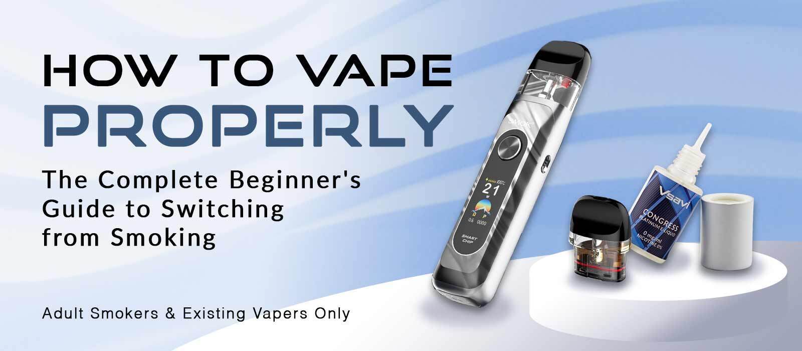 How to Vape Properly - Beginner's Guide to Switching Hero illustration for V2 UK's Complete Beginner's Guide showing a modern refillable pod vape with clean blue branding and subtle vapour effects