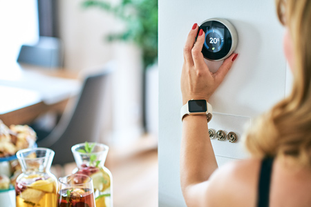 Woman Adjusting the Thermostat in the House