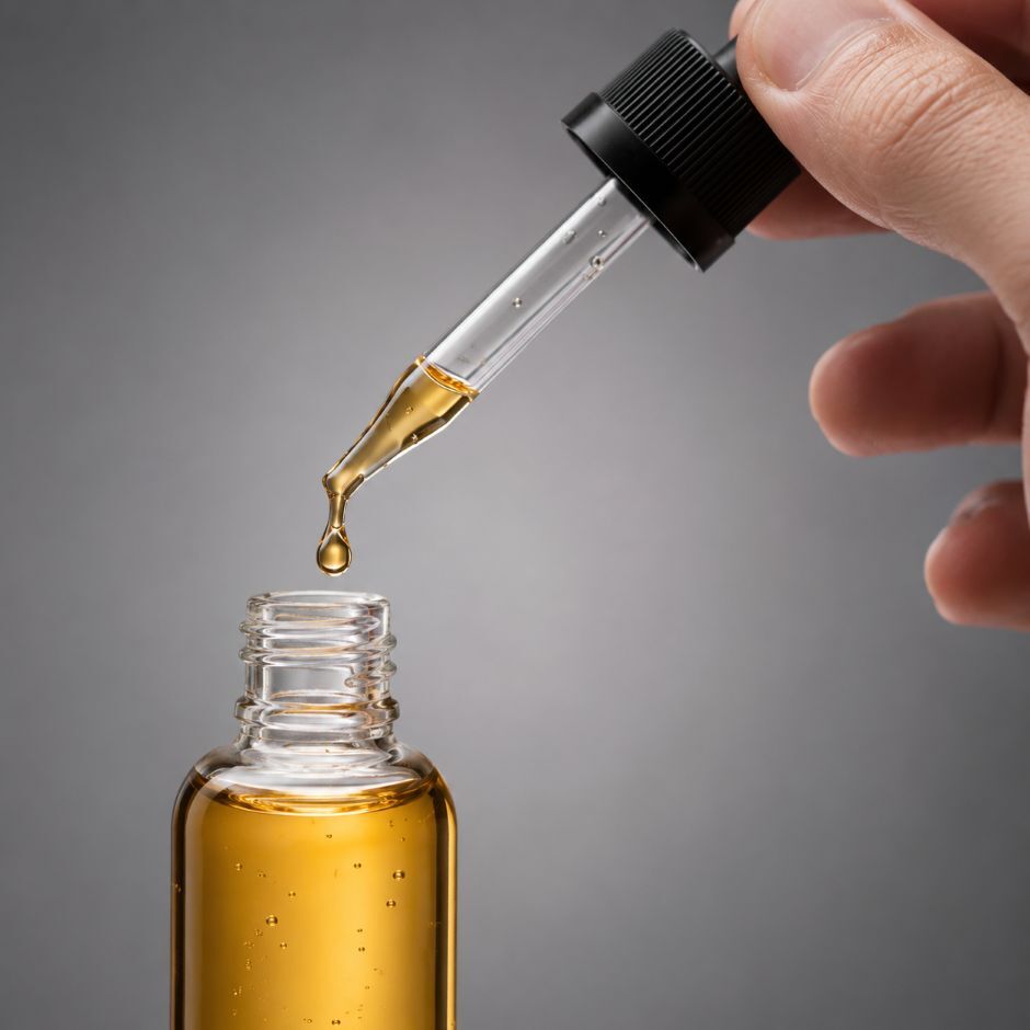 Close-up of vape e-liquid being dispensed into a bottle to illustrate the ingredients used in vape aerosol.