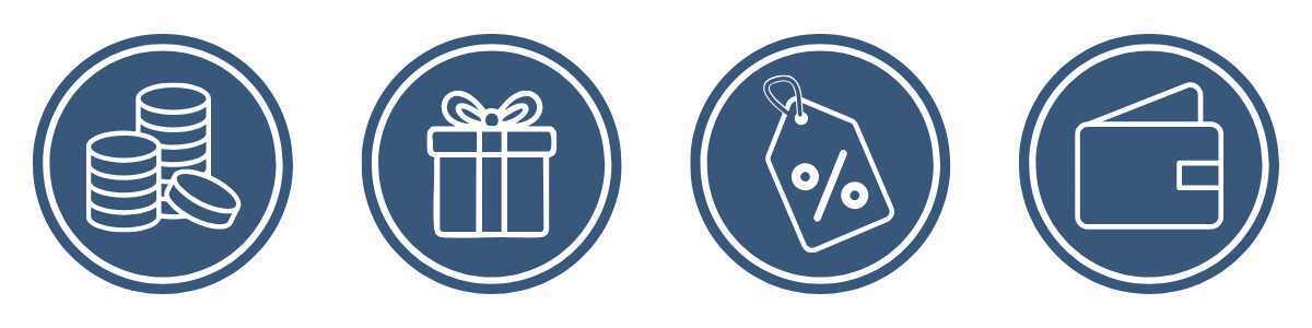 Icons showing loyalty points, rewards, discounts and savings