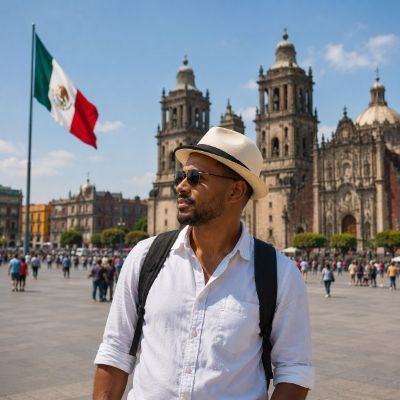 Traveller exploring the historic centre of Mexico City with the cathedral and Mexican flag in the background, representing travel to Mexico where vaping restrictions apply.