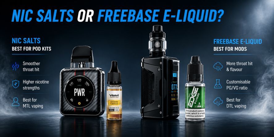 Nic Salts vs Freebase E-liquid Understand the difference between nicotine salts and freebase e-liquid, including which works best with pod kits and vape mods.