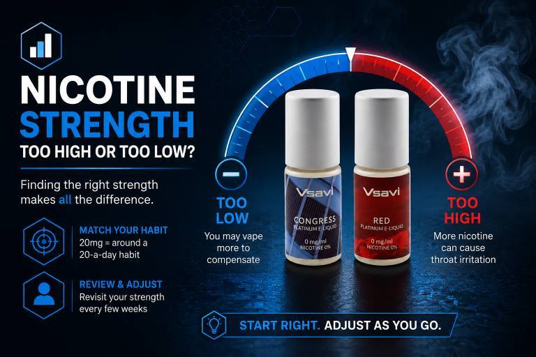 Nicotine Strength Too High or Too Low? V2 vaping infographic explaining why nicotine strength can be too high or too low, with Vsavi e-liquid bottles displayed alongside a nicotine strength gauge. The graphic highlights matching nicotine strength to smoking habits, avoiding excessive nicotine and reviewing strength as vaping habits change.