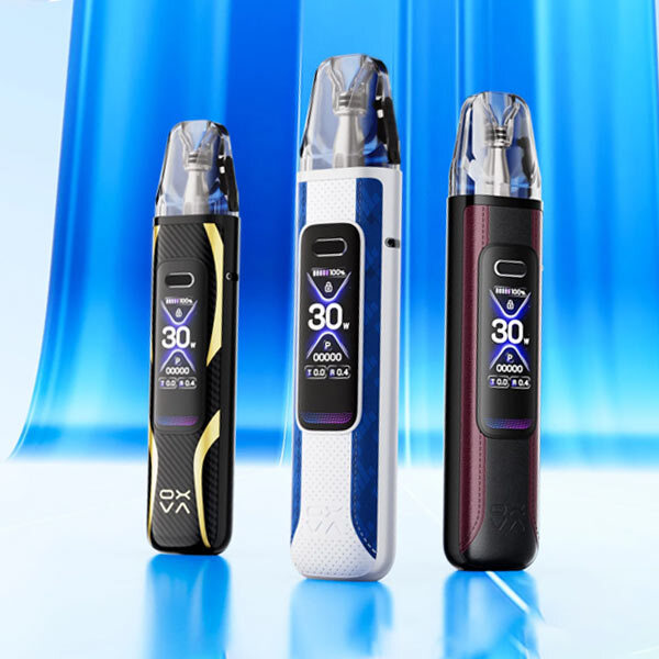 Three Oxva Xlim Pro 3 devices on a modern blue background with reflective surfaces