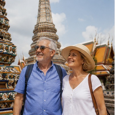Older couple sightseeing at a Thai temple in Bangkok, Thailand, representing travel to a destination where vaping is illegal.