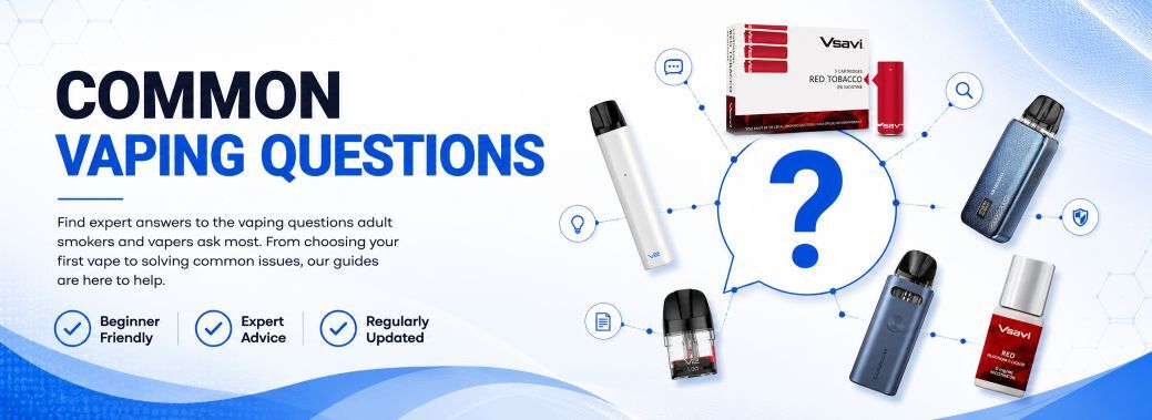 2 UK Common Vaping Questions Knowledge Centre hero banner Hero banner for the V2 UK Common Vaping Questions hub showing refillable vape kits, Vsavi Platinum vape juice, classic vape cartridges and expert vaping advice for adult smokers looking for answers to common vaping questions.
