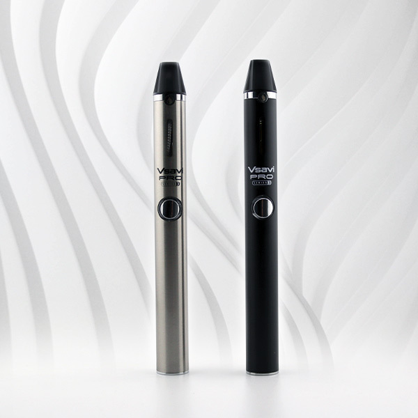 Two V2 Vsavi Pro Series 3 Vape Pens on a silver and white wavy background