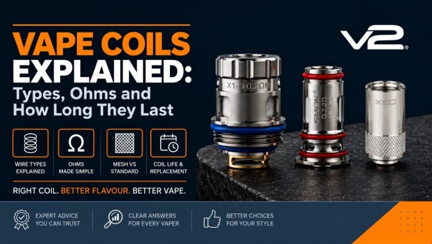 V2 UK guide to vape coils explained, covering coil wire types, ohms, mesh vs standard coils and how long a coil lasts.