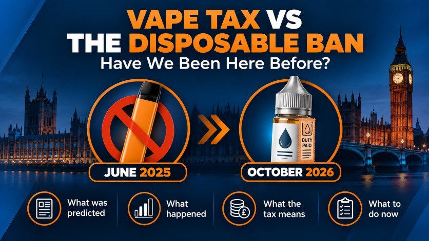 Vape tax vs the disposable ban: a crossed-out disposable vape from June 2025 and a duty paid e-liquid bottle from October 2026, in front of the Houses of Parliament
