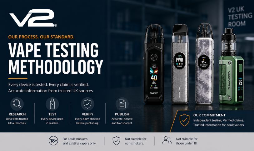 Vape Testing Methodology | V2 UK V2 UK vape testing methodology hero banner showing four vaping devices used in hands-on testing, alongside the Research, Test, Verify and Publish process. The image represents V2 UK’s approach to first-hand product testing, claim verification and transparent vaping content for adult smokers and existing vapers.