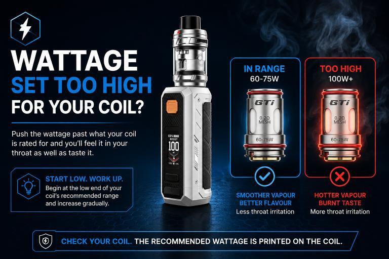 Wattage Set Too High for Your Coil? V2 vaping infographic explaining why setting a vape device above the recommended coil wattage can cause throat irritation. The graphic shows a Vaporesso Armour Ultra device with a GTi 0.2-ohm mesh coil, comparing the recommended 60–75W range with wattage set too high. It highlights smoother vapour and better flavour at the recommended setting, compared with hotter vapour, burnt taste and increased throat irritation at excessive wattage.