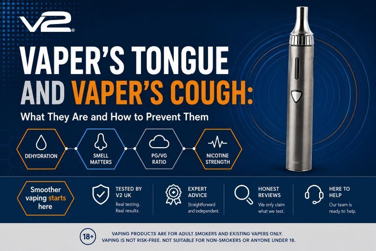 V2 UK guide to vaper's tongue and vaper's cough, showing common factors including dehydration, smell, PG/VG ratio and nicotine strength, with practical prevention advice.