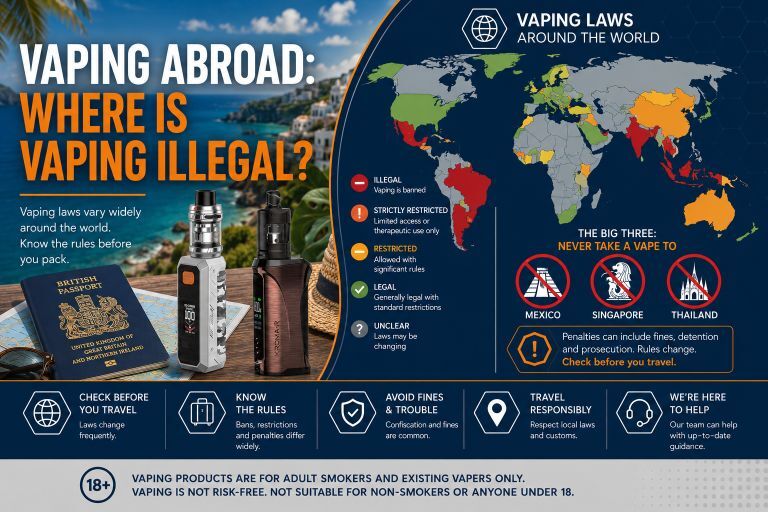 V2 UK guide to vaping laws abroad, showing countries where vaping is illegal, restricted or legal and highlighting destinations including Thailand, Singapore and Mexico.