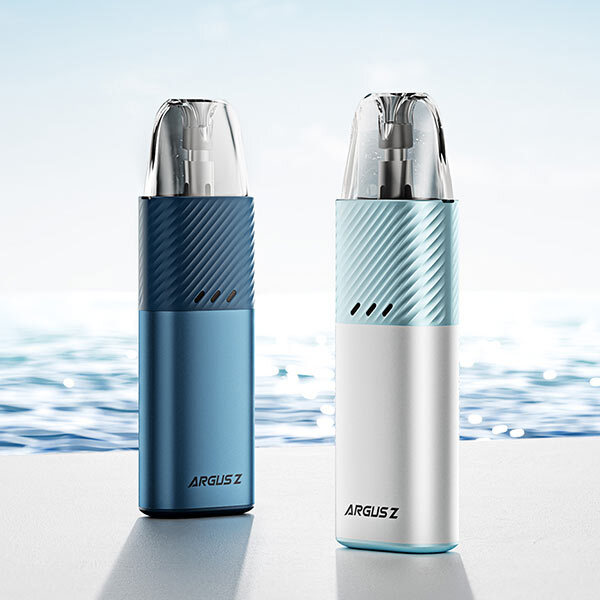 Two Voopoo Argus Z Pod Vape Kits on a silver floor with an ocean background