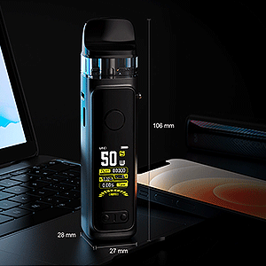 VOOPOO Vinci 2 Device Upright Next to Laptop Highlighting Dimensions and Screen