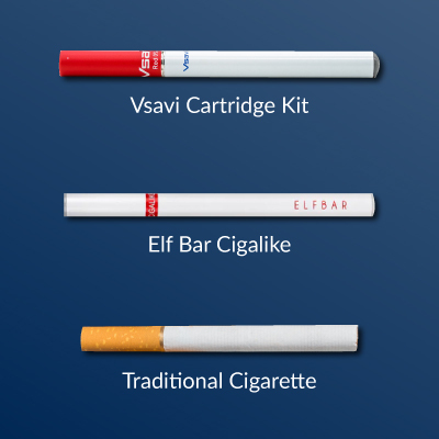 Vsavi Cartridge Kit, Elf Bar Cigalike and a Traditional Cigarette