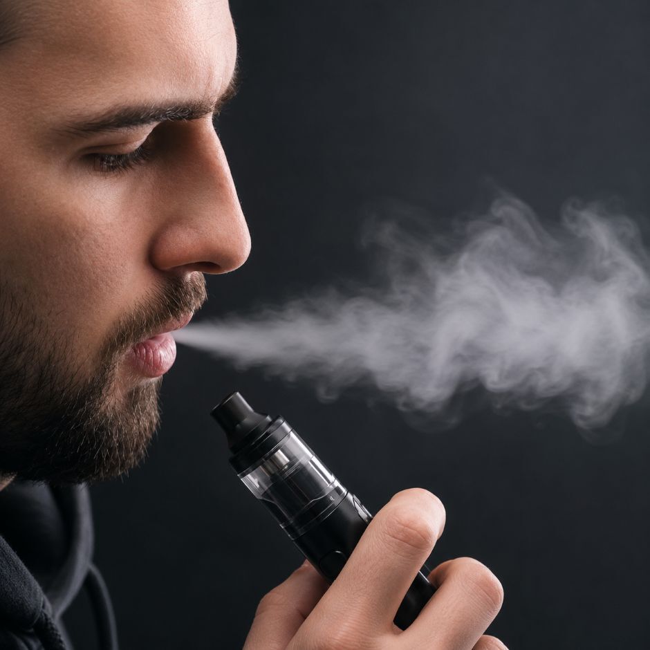 Lifestyle image illustrating a realistic vape aerosol exhale during normal use.