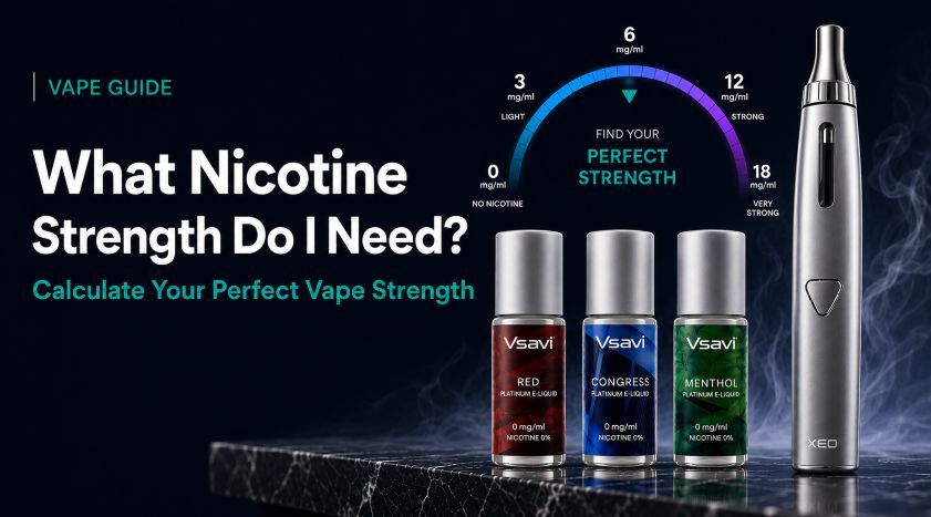What Nicotine Strength Do I Need? V2 UK Vape Guide Hero image for the V2 UK nicotine strength guide featuring the XEO refillable vape kit, Vsavi Platinum e-liquids and a nicotine strength selector to help adult smokers choose the right nicotine level.