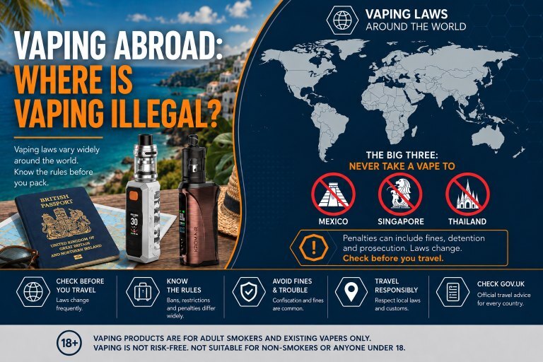 Where is vaping illegal: a British passport, two vape kits and a sun hat on a holiday terrace, next to a world map and a panel naming Mexico, Singapore and Thailand as countries where you should never take a vape