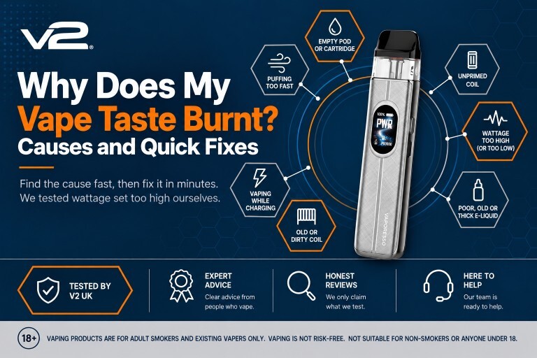 Why does my vape taste burnt: the common causes of a burnt taste, from an empty pod and unprimed coil to wattage set too high, shown around a pod vape kit