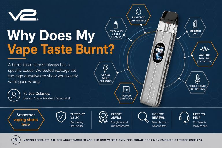 Why Does My Vape Taste Burnt? – V2 UK V2 UK guide explaining why a vape tastes burnt, with common causes including an empty pod, unprimed or worn coil, incorrect wattage, thick e-liquid and vaping while charging.