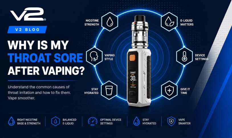 Why is my throat sore after vaping: the common causes of throat irritation, including nicotine strength, e-liquid, vaping style, device settings and hydration, shown around a vape mod kit