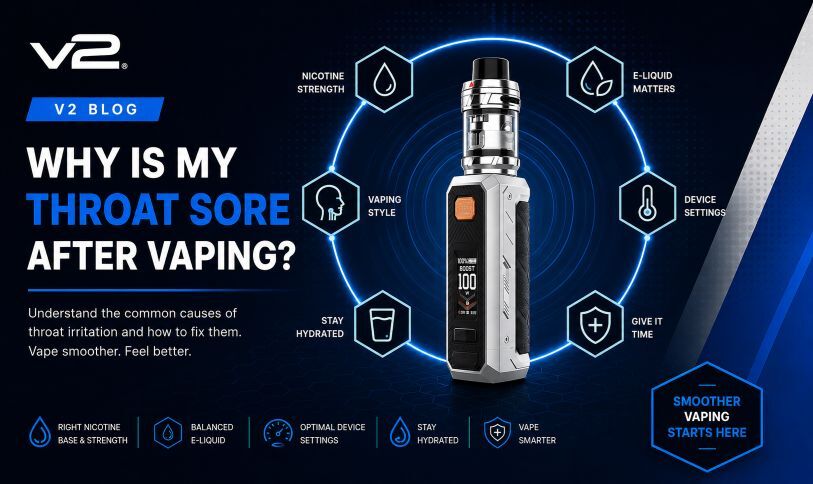Why Is My Throat Sore After Vaping? | V2 UK V2 UK infographic explaining the common causes of a sore throat after vaping, including nicotine strength, e-liquid choice, vaping style, device settings, dehydration and adjusting to vaping. The graphic highlights practical ways to reduce throat irritation and achieve a smoother vaping experience.