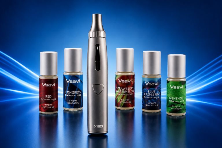 Studio image showing the XEO Void refillable vape device alongside the Vsavi Platinum e-liquid collection, illustrating the products used throughout the V2 UK nicotine strength guide.
